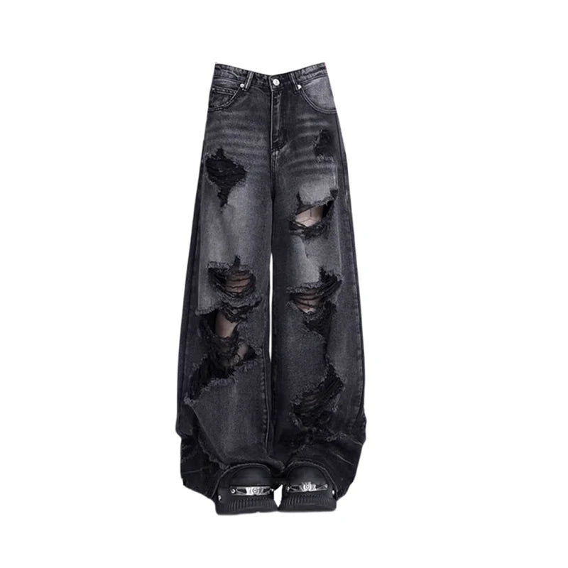 Women’s Black Ripped Goth Jeans, Vintage Baggy Denim, Y2K Harajuku Emo Style