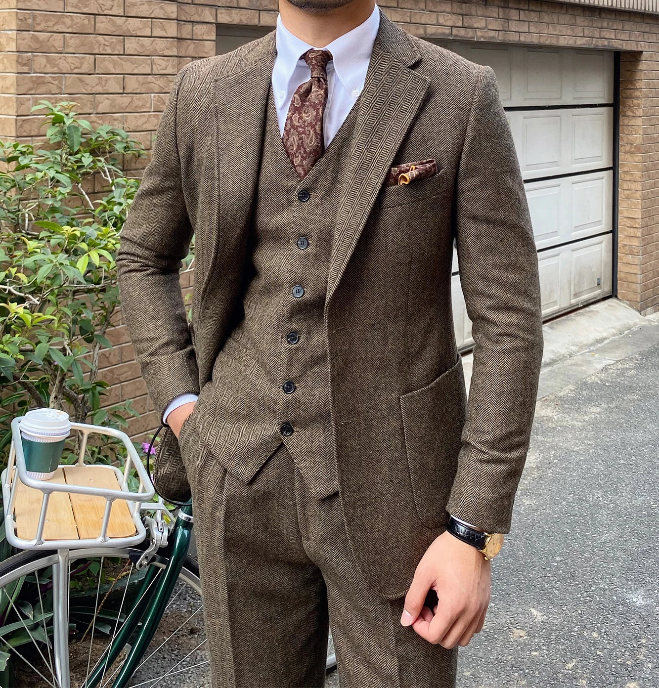 3-Piece Men's Tweed Suit | Slim Fit Herringbone Blazer, Vest & Pants Set