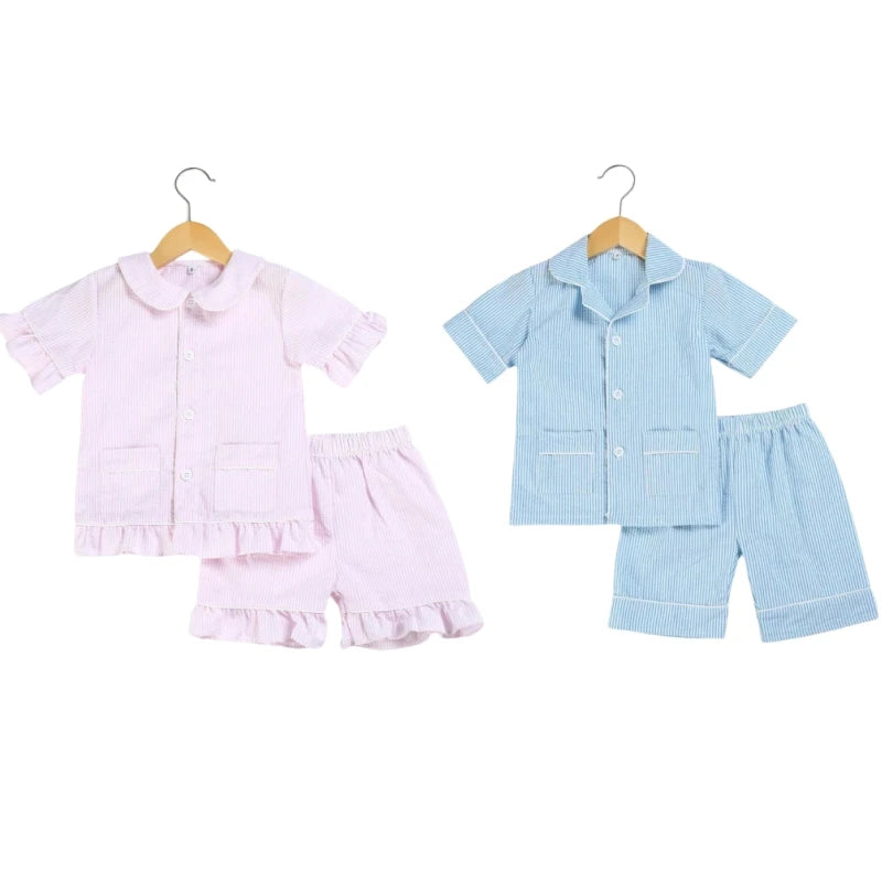 Summer Kids Pajama Set, Cotton Seersucker Matching Sleepwear for Boys & Girls
