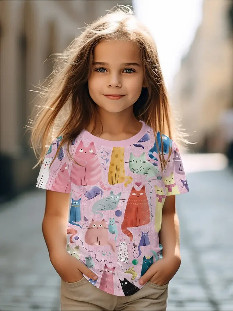 Kids T-Shirt, Cartoon Cat Kawaii Short Sleeve Top, Girls Summer Clothes