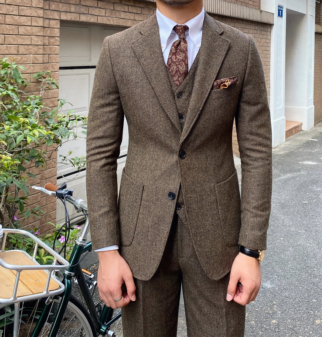 3-Piece Men's Tweed Suit | Slim Fit Herringbone Blazer, Vest & Pants Set