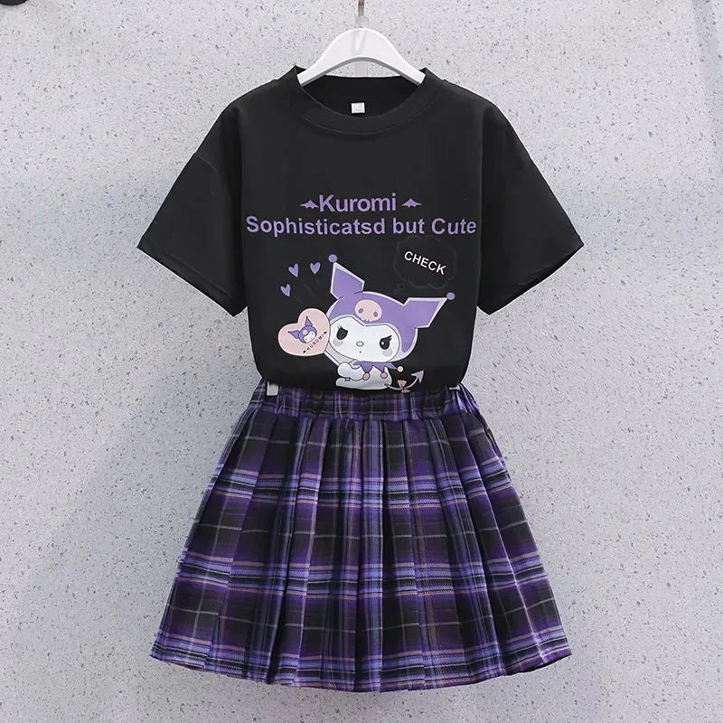 Kawaii Kuromi Skirt Suit, Sanrio Anime Preppy T-Shirt & Pleated Skirt, JK Uniform