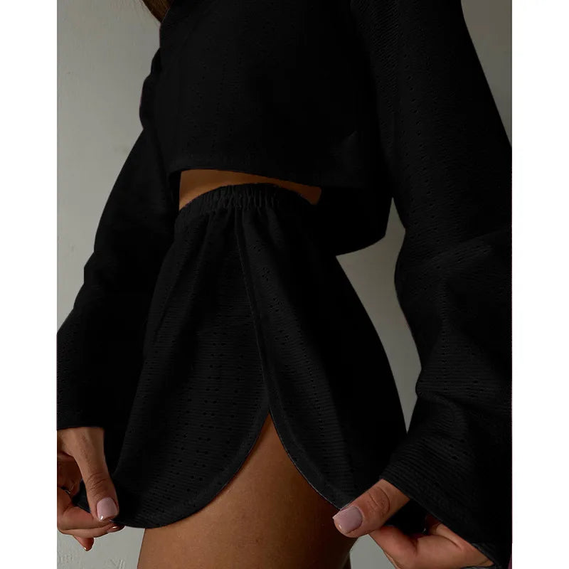 Women’s Spring Pajama Set – Long Sleeve Top & Shorts, Loose Round Neck Sleepwear