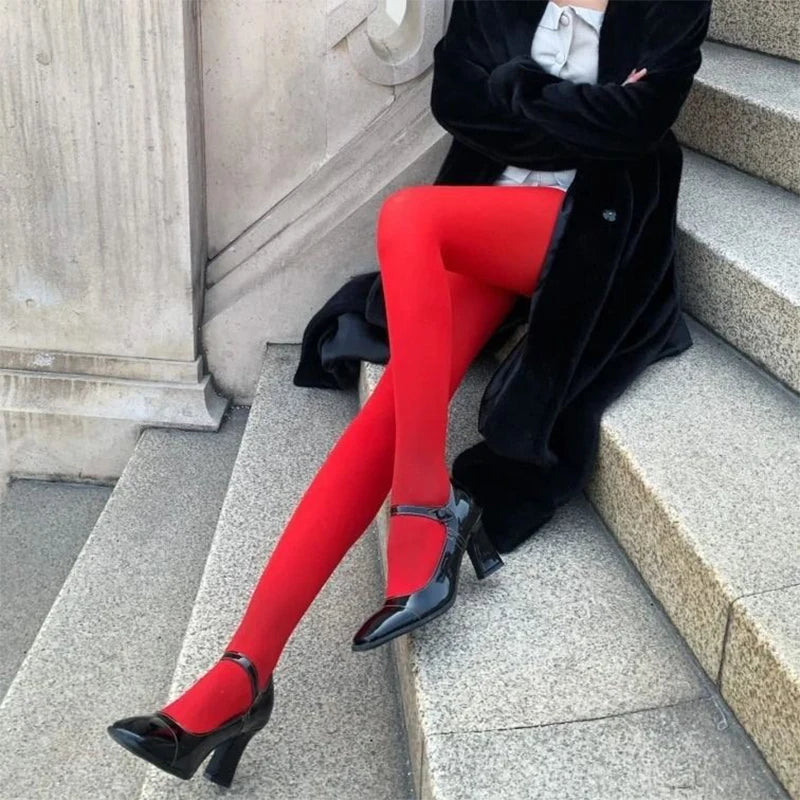 Women’s Fashion Red Pantyhose, Thin Velvet, Translucent Elastic Tights