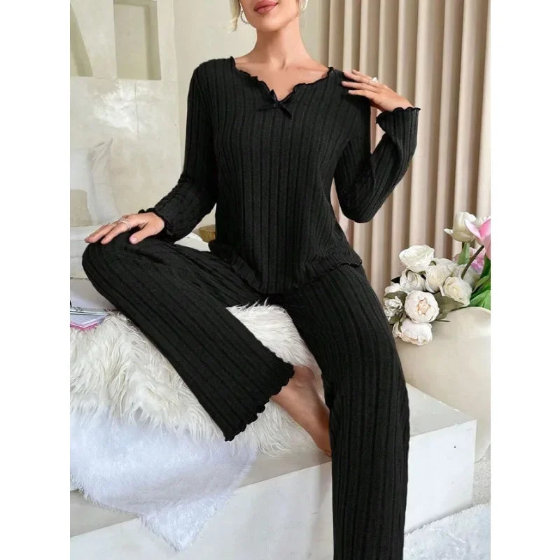 Women’s Autumn Winter Ribbed Pajama Set – Long Sleeve Top & Pants