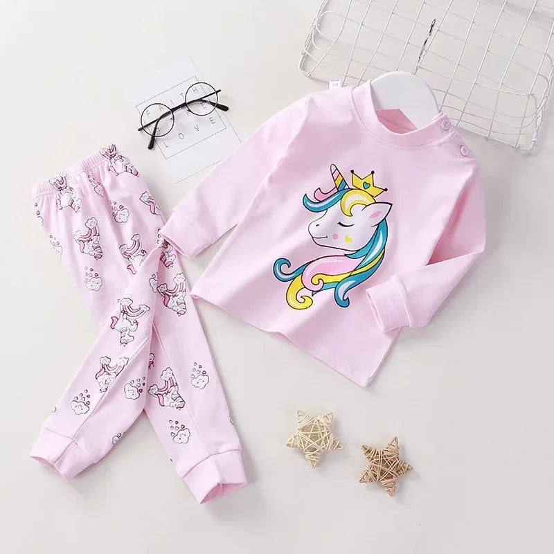 Kids Pajama Set, Cartoon Print Long Sleeve T-Shirt & Pants