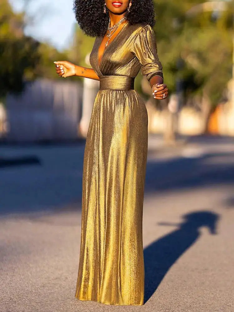 Freeacy V-Neck High Waist Jumpsuit, Summer Wide Leg Overalls, Three-Quarter Sleeves