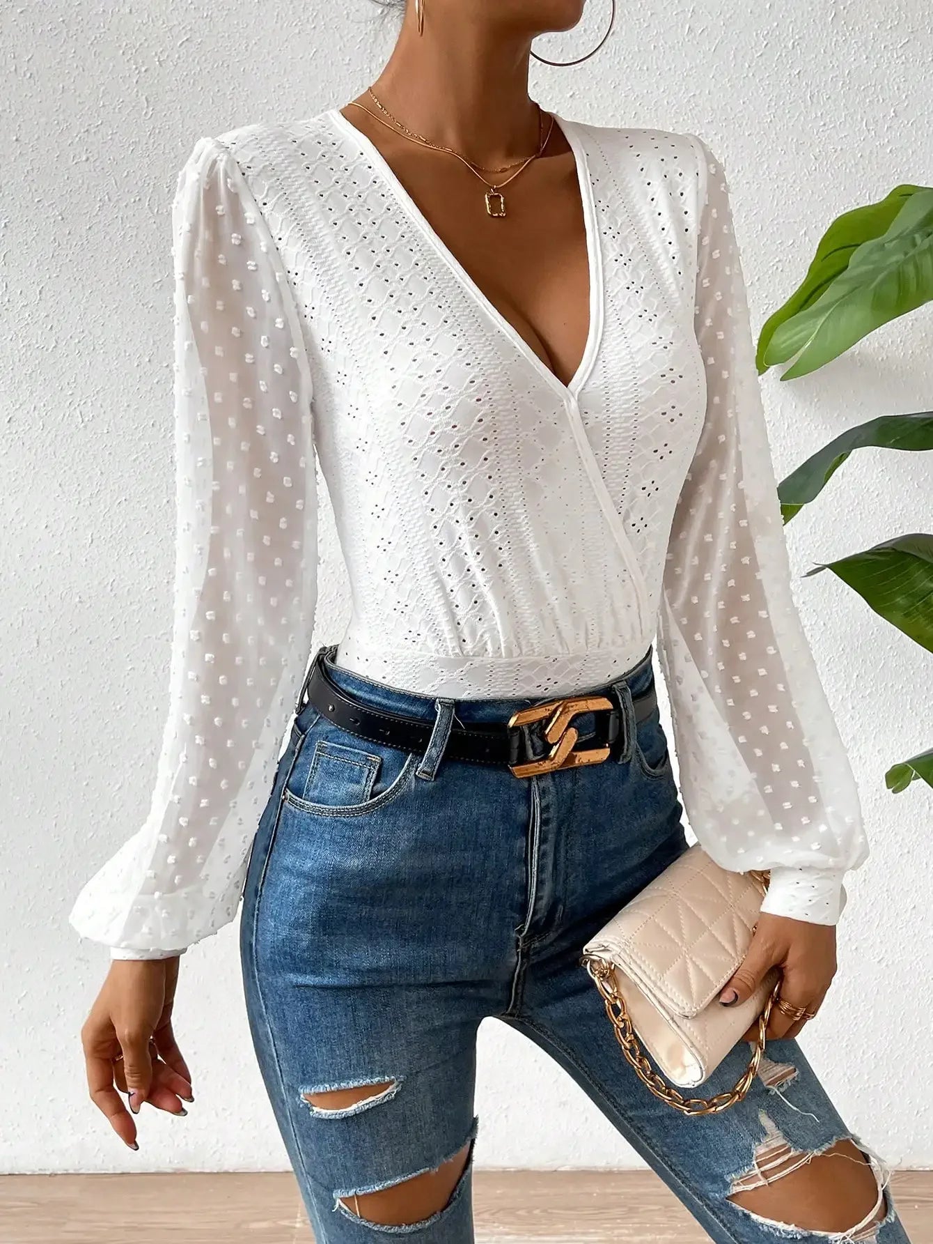 Elegant Women’s V-Neck Long Sleeve Cotton Embroidery Slim-Fit Jumpsuit