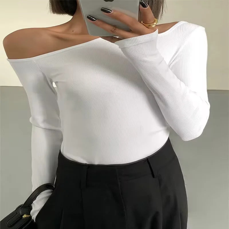 Skew Collar Off-Shoulder T-shirt, Slim Fit Crop Top, Sexy Hollow Out Tee