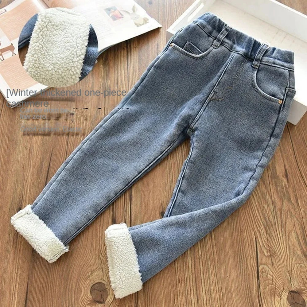 2-13 Years Kids Winter Velvet Denim Jeans, Slim Fleece Pants for Girls