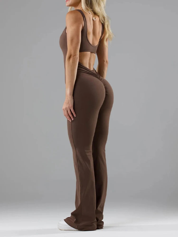 Women’s Workout Flare Jumpsuit, Sexy Backless Bodycon Yoga Romper with Scrunch Butt