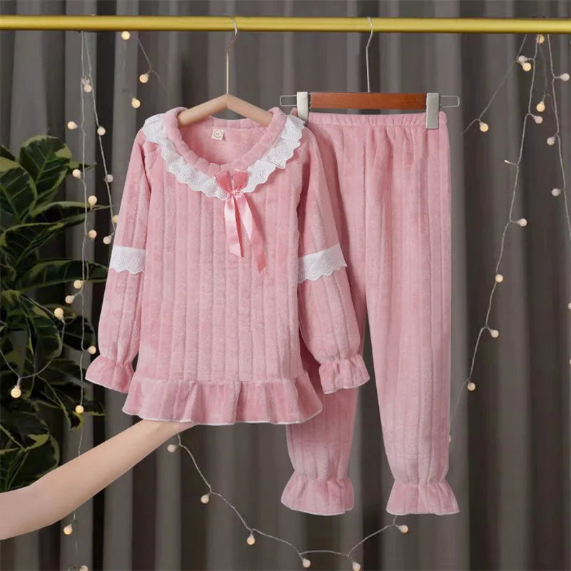 Winter Kids Pajama Set, Princess Coral Fleece Flannel Sleepwear