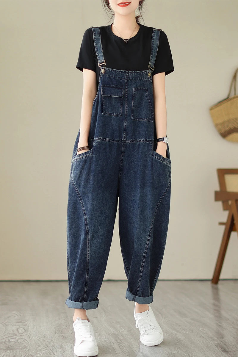 Women’s Multi Pocket Cargo Denim Overalls, Vintage Casual Loose Jumpsuit