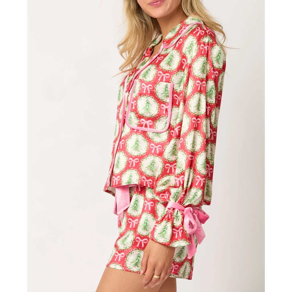 Women’s Christmas Pajama Set, Santa/Tree Print Button-Up Top & Shorts