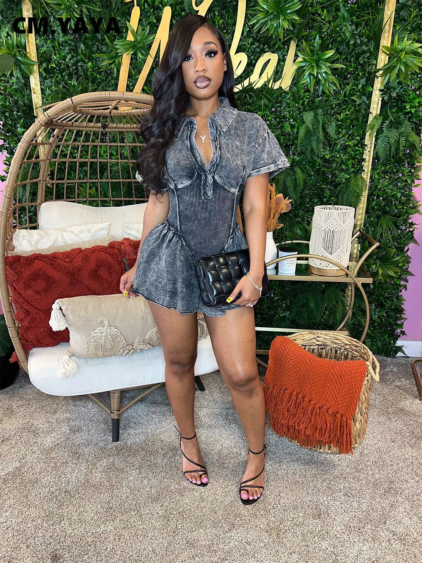 Women’s Short Sleeve V-Neck Ruched High Waist Flare Jumpsuit, Streetwear One-Piece Romper