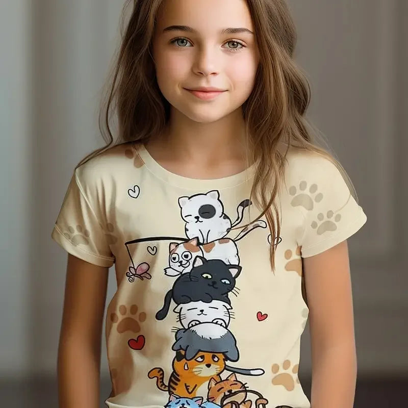 Kids T-Shirt, Cartoon Cat Kawaii Short Sleeve Top, Girls Summer Clothes