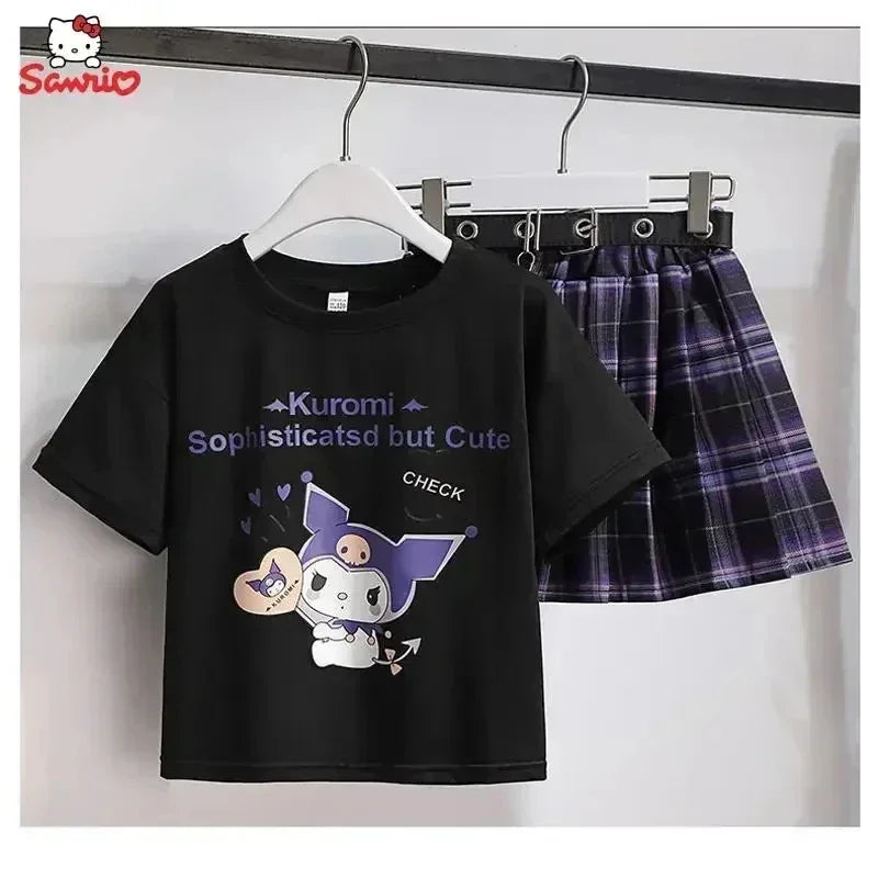 Kawaii Kuromi Skirt Suit, Sanrio Anime Preppy T-Shirt & Pleated Skirt, JK Uniform