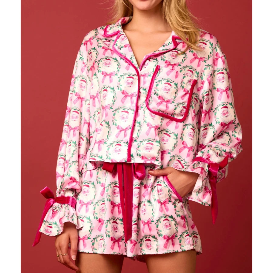 Women’s Christmas Pajama Set, Santa/Tree Print Button-Up Top & Shorts