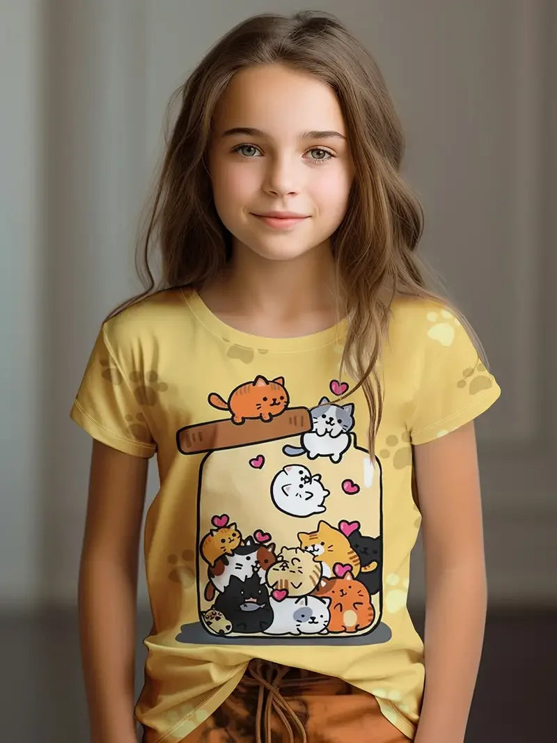 Kids T-Shirt, Cartoon Cat Kawaii Short Sleeve Top, Girls Summer Clothes