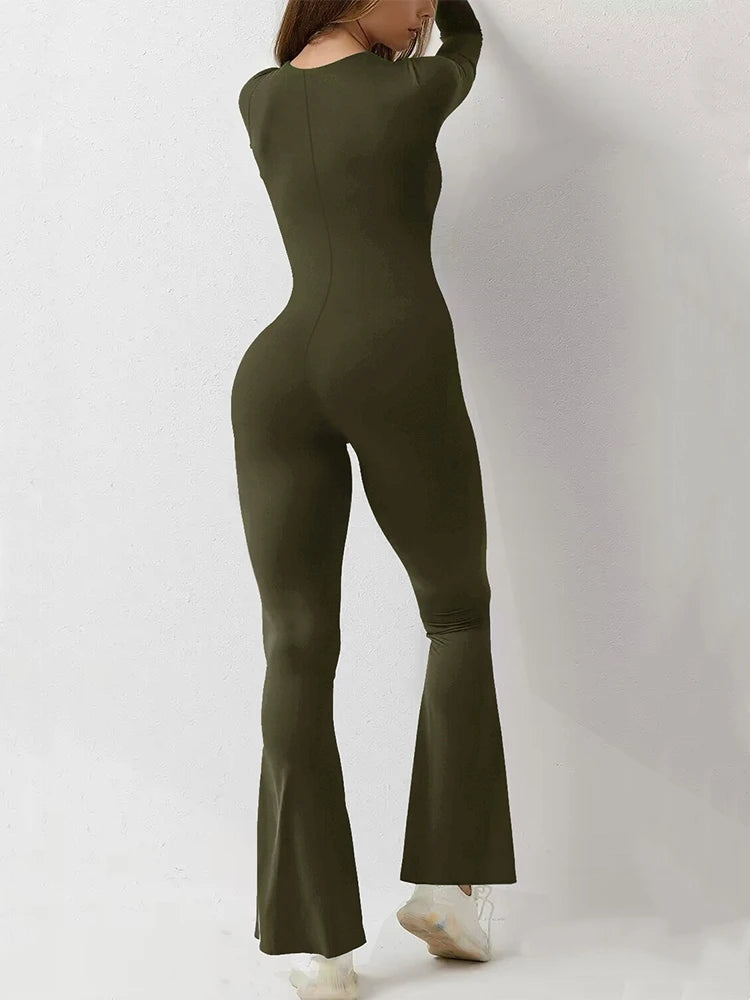 Women’s Wide Leg Yoga Bodysuit, One-Piece Gym Fitness Jumpsuit, Long Sleeve, Plus Size