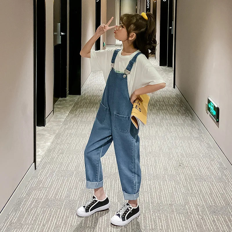 Summer Kids Girls Denim Overalls, Suspender Jumpsuit with Pockets (5-12Y)