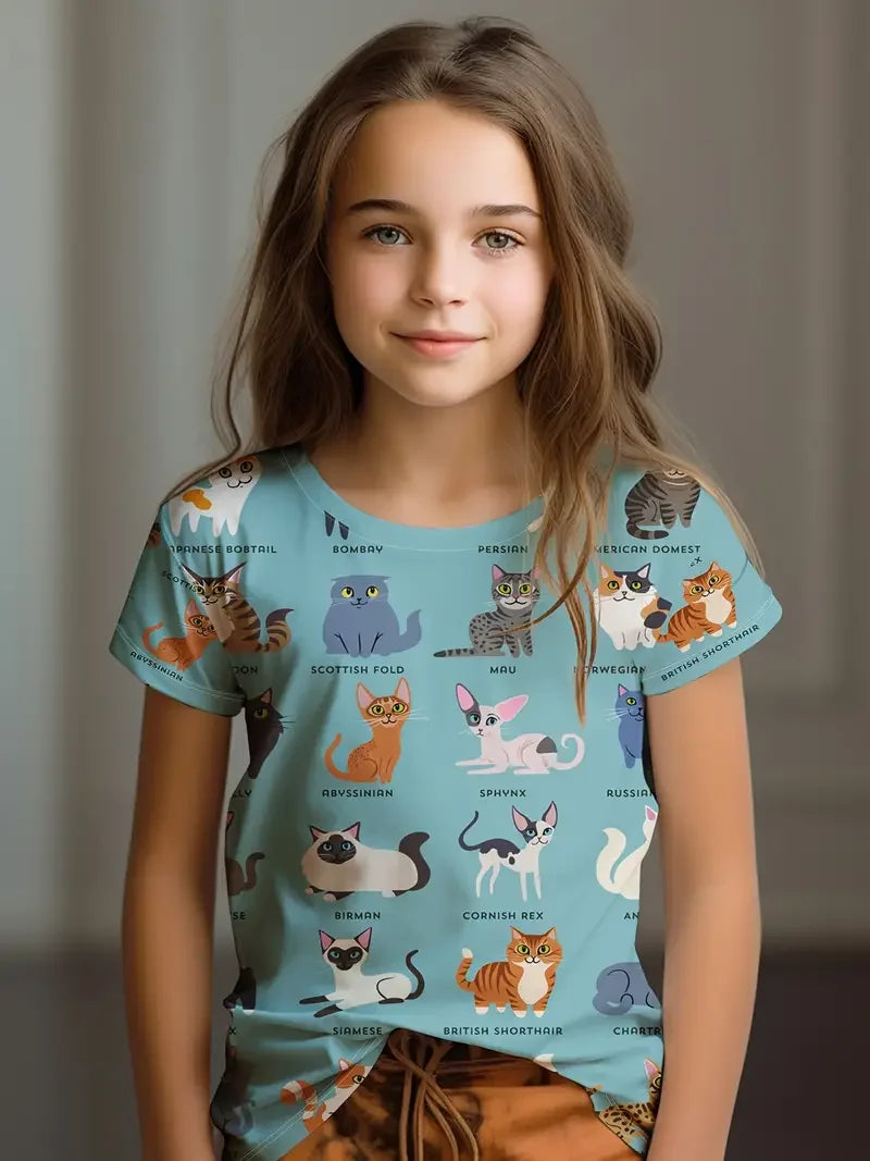 Kids T-Shirt, Cartoon Cat Kawaii Short Sleeve Top, Girls Summer Clothes