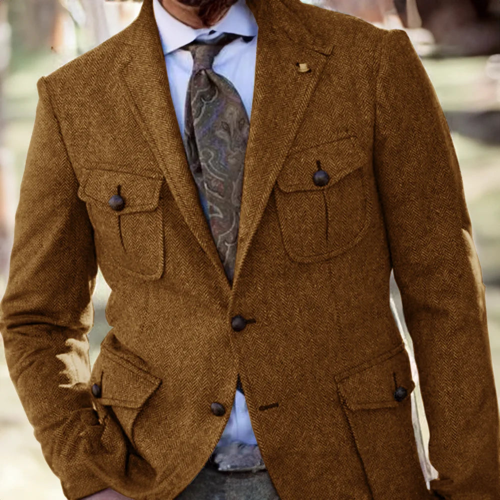 Men's Retro Herringbone Blazer Formal Wool Steampunk Jacket for Office Wear