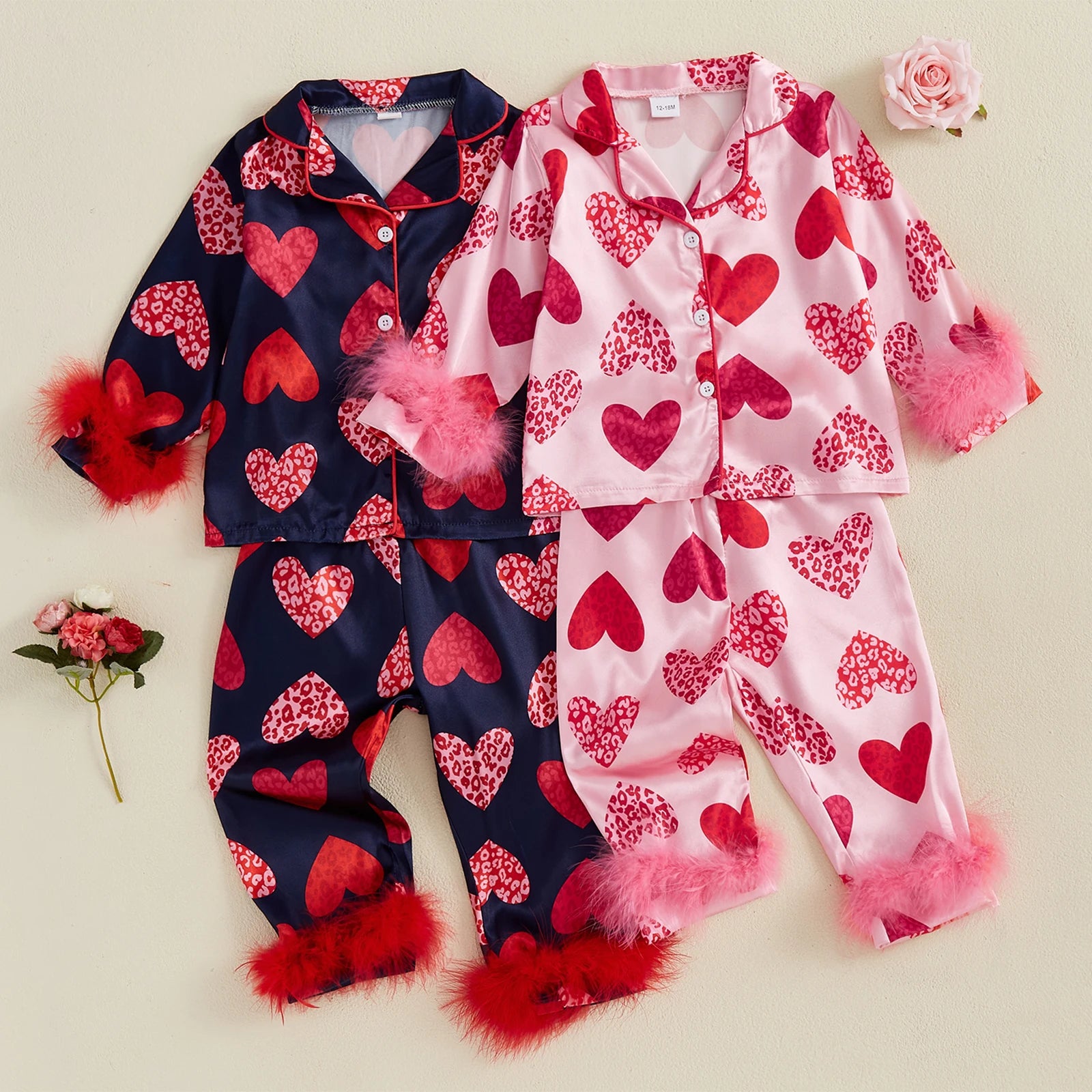 Kids Valentine's Pajama Set, Heart Print Long Sleeve Shirt & Pants with Feather Trim