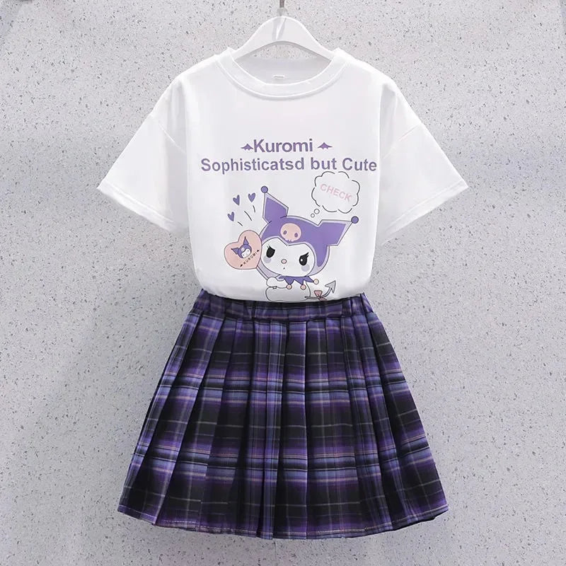 Kawaii Kuromi Skirt Suit, Sanrio Anime Preppy T-Shirt & Pleated Skirt, JK Uniform