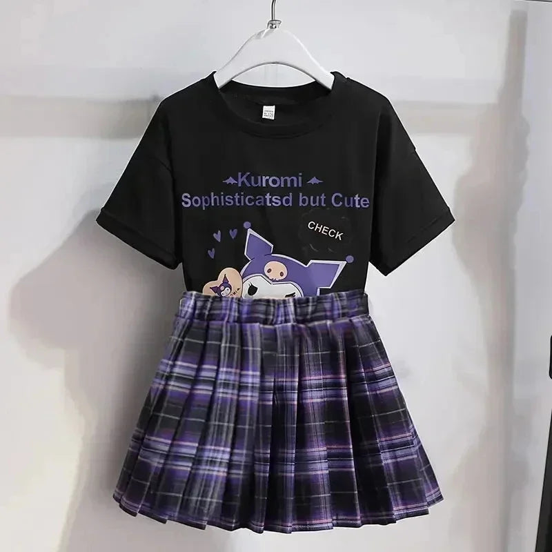 Kawaii Kuromi Skirt Suit, Sanrio Anime Preppy T-Shirt & Pleated Skirt, JK Uniform
