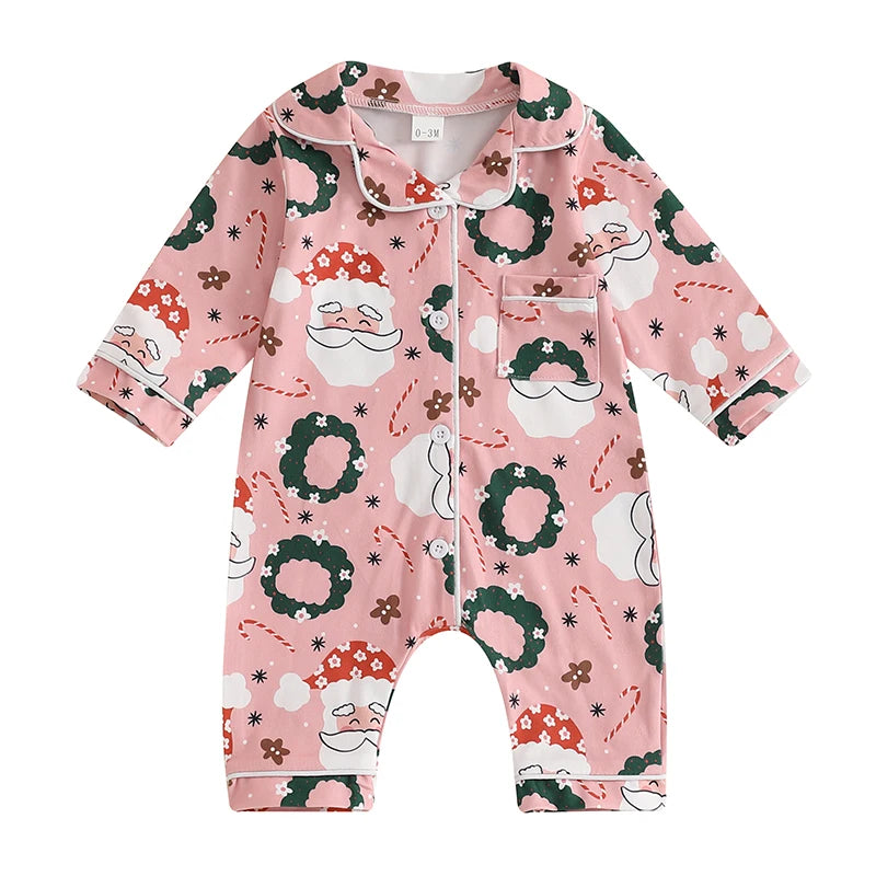 Kids Christmas Jumpsuit, Santa Print Long Sleeve Pajamas