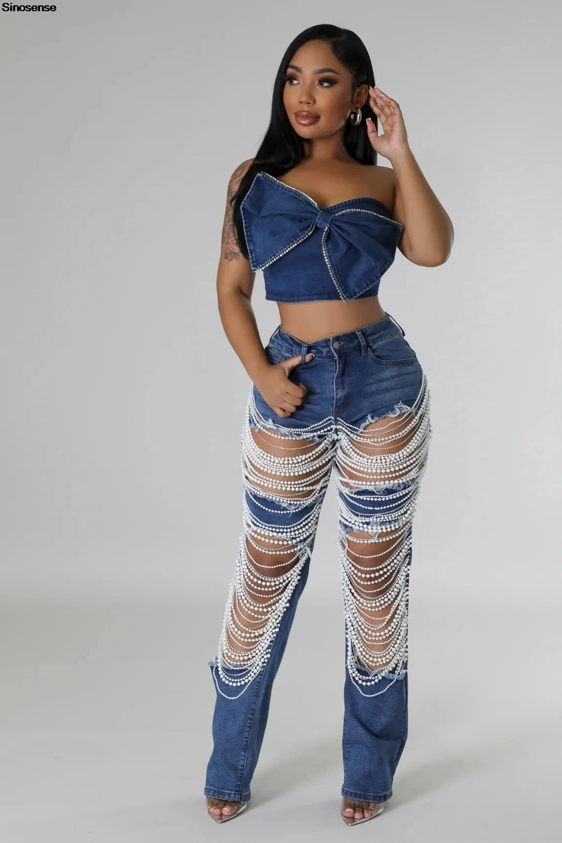 Ripped Denim Pants, Pearl Rhinestones Chain Distressed Skinny Jeans for Women