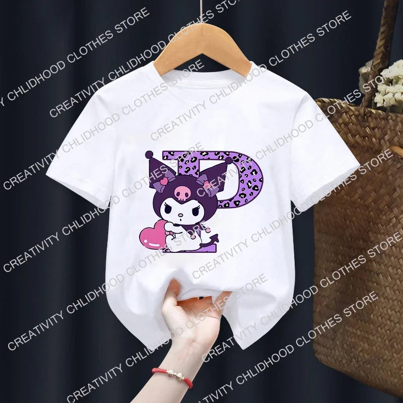 Children’s Cartoon T-Shirt, Letter A-D Anime Kawaii Top, Casual Short Sleeve