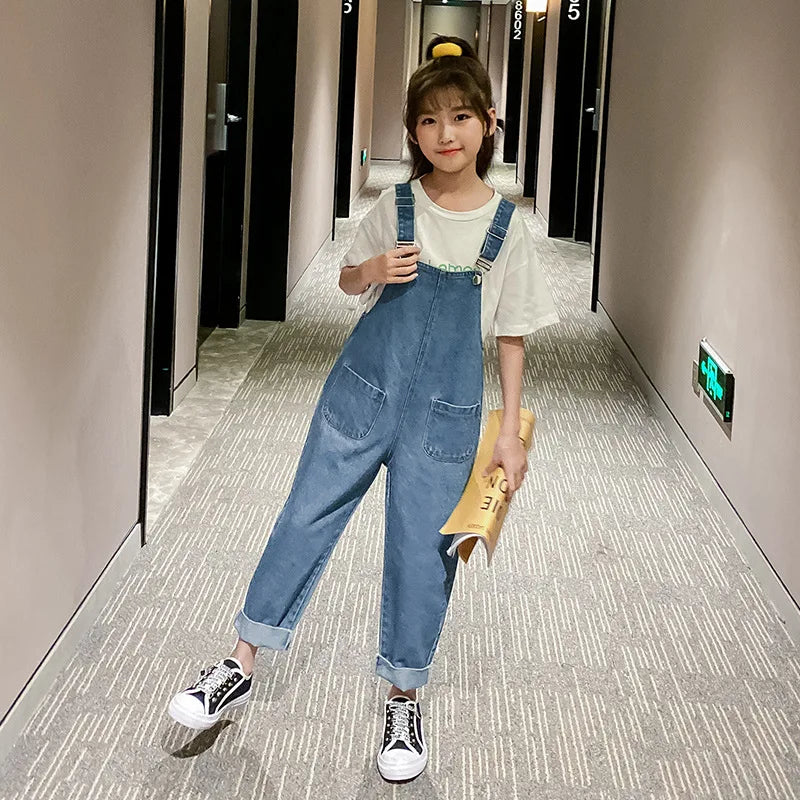 Summer Kids Girls Denim Overalls, Suspender Jumpsuit with Pockets (5-12Y)