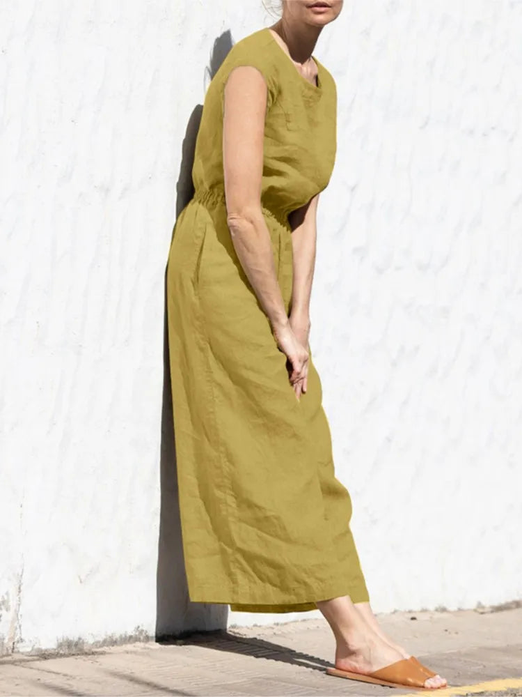 Summer Solid Color High Waist Women’s Casual Jumpsuit, O-Neck, Elegant Holiday Romper