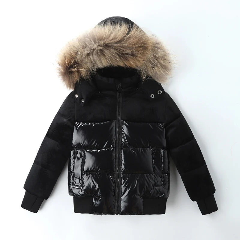 Winter Kids Down Jackets, Fur Hoodie, Waterproof Parka for Boys & Girls