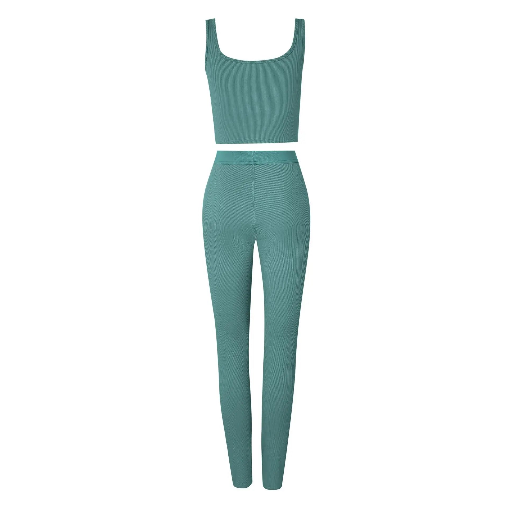 Women’s Casual Workout Set, Ribbed Crop Tank & High Waist Yoga Leggings