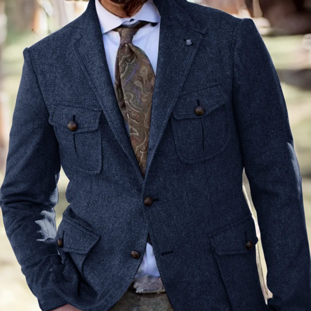 Men's Retro Herringbone Blazer Formal Wool Steampunk Jacket for Office Wear