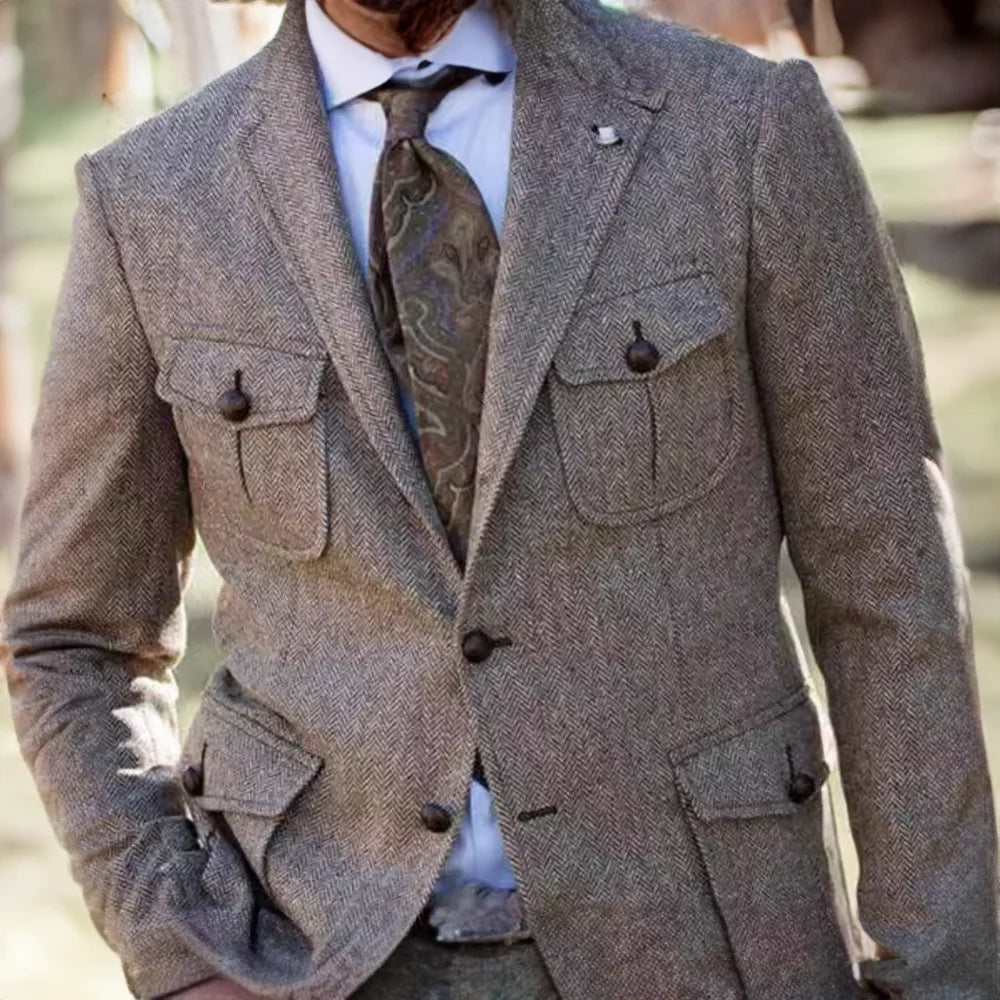 Men's Retro Herringbone Blazer Formal Wool Steampunk Jacket for Office Wear