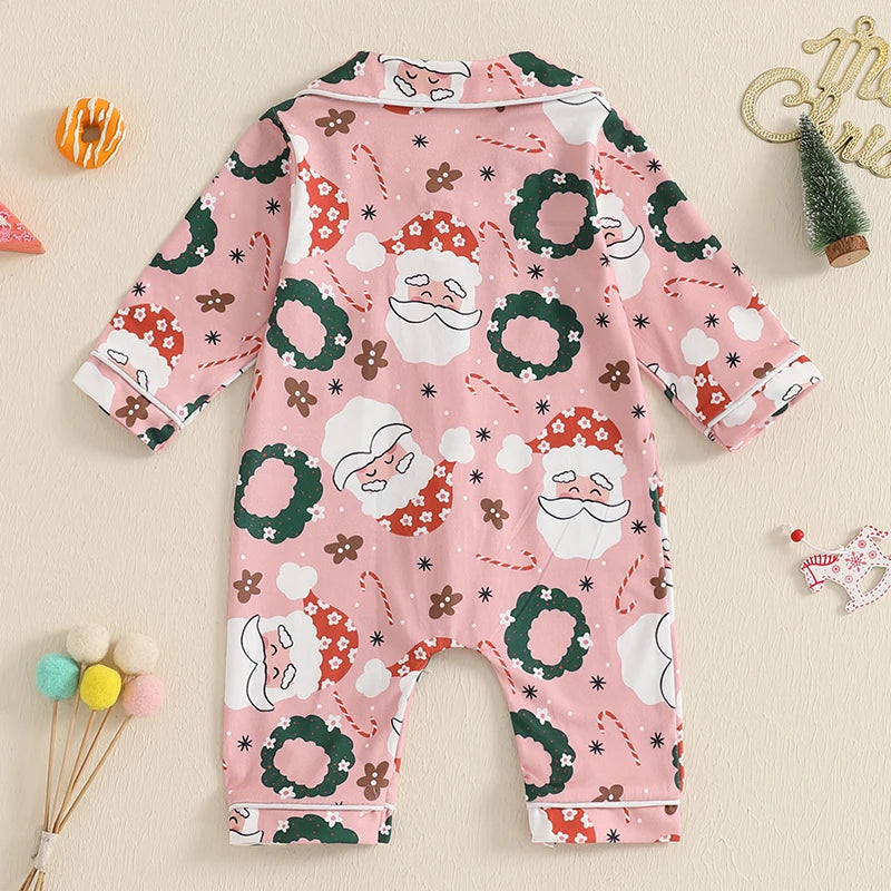Kids Christmas Jumpsuit, Santa Print Long Sleeve Pajamas