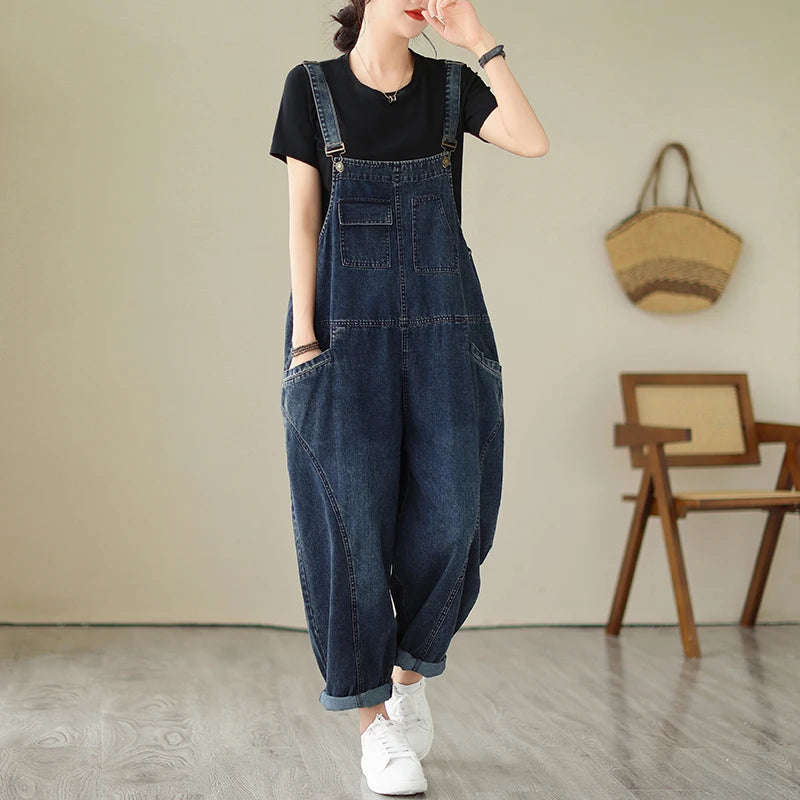 Women’s Multi Pocket Cargo Denim Overalls, Vintage Casual Loose Jumpsuit