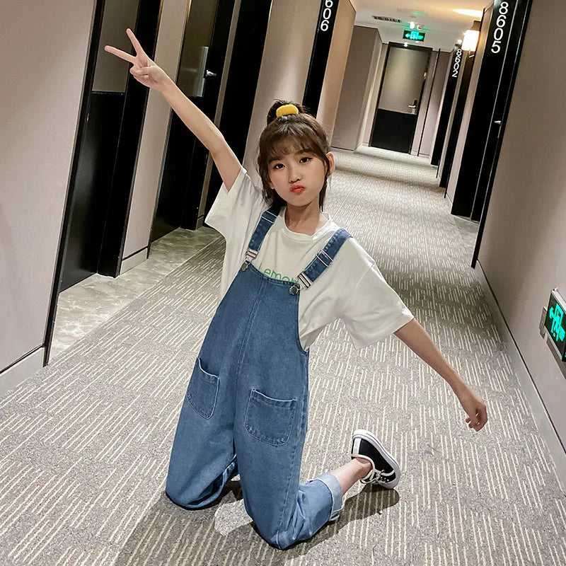 Summer Kids Girls Denim Overalls, Suspender Jumpsuit with Pockets (5-12Y)