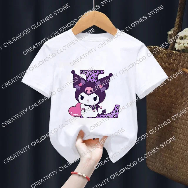 Children’s Cartoon T-Shirt, Letter A-D Anime Kawaii Top, Casual Short Sleeve