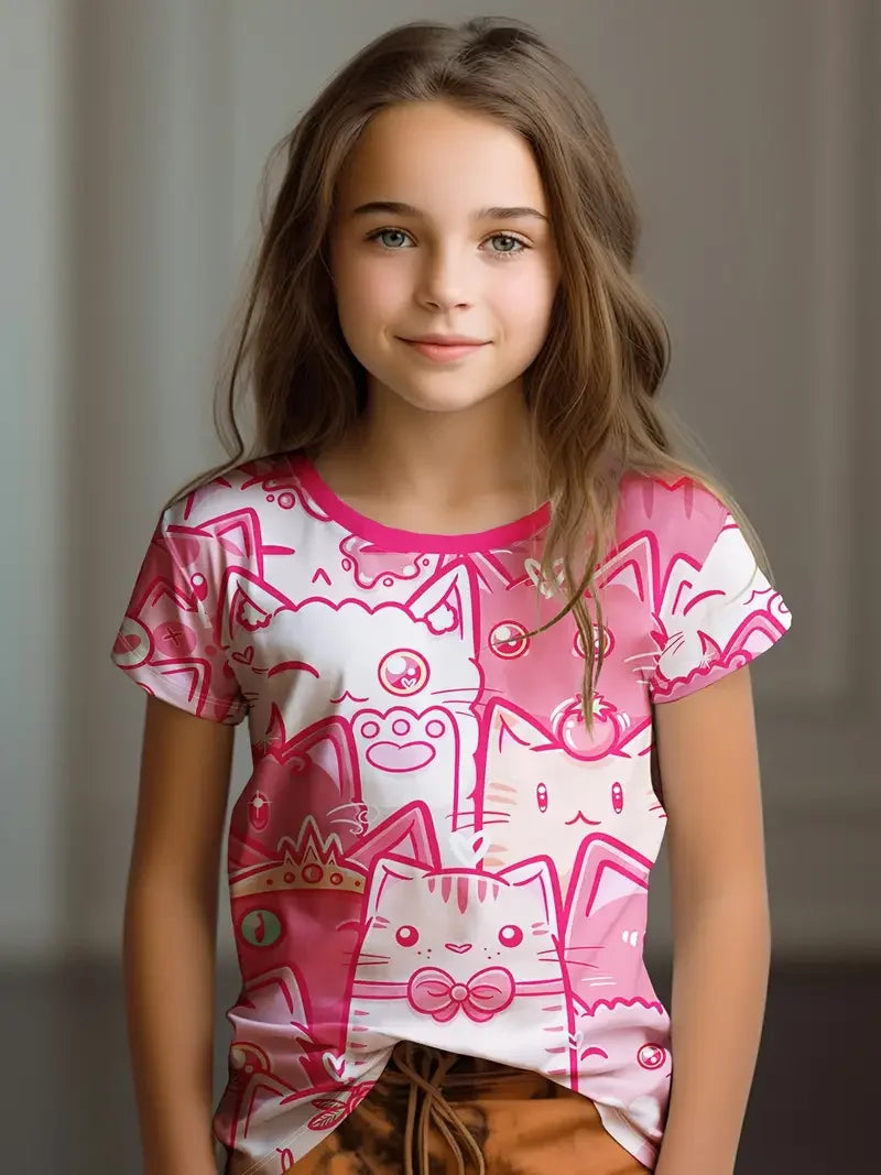 Kids T-Shirt, Cartoon Cat Kawaii Short Sleeve Top, Girls Summer Clothes