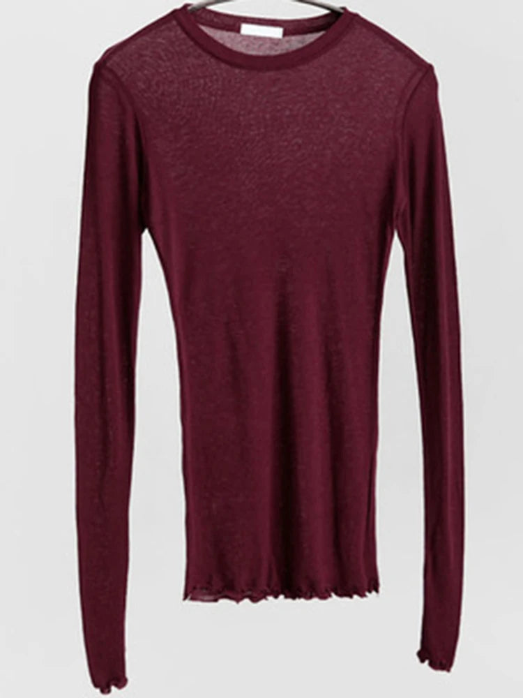 High Quality Women’s Plain Elastic T-Shirt, Long Sleeve See-Through Casual Top