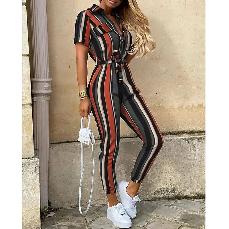 Women’s Monochromatic Belt Jumpsuit, Casual Pants, Flip Collar, Buckle, Summer