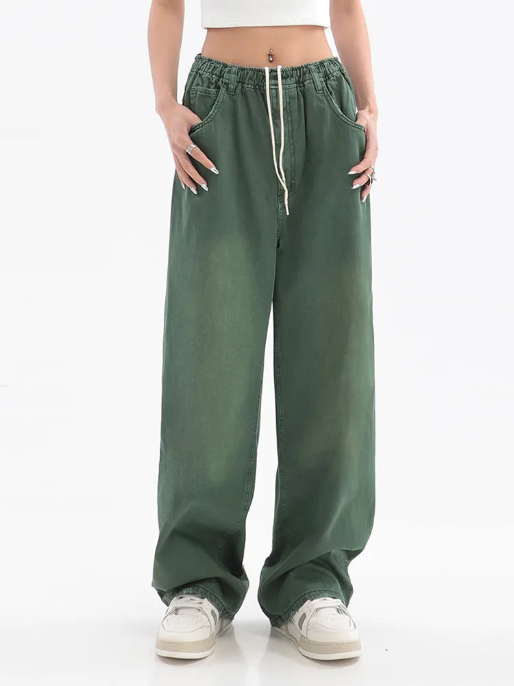 Women’s Vintage Baggy Jeans, Elastic Waist Wide Leg Denim Pants