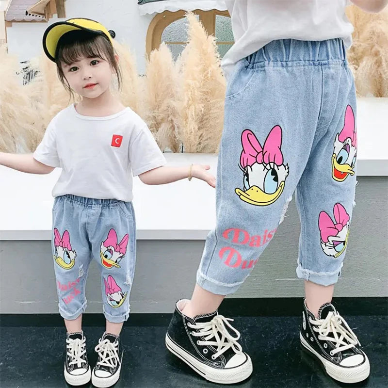 Spring Summer Kids Cartoon Daisy Jeans, Loose Denim Pants for Girls (2-6Y)