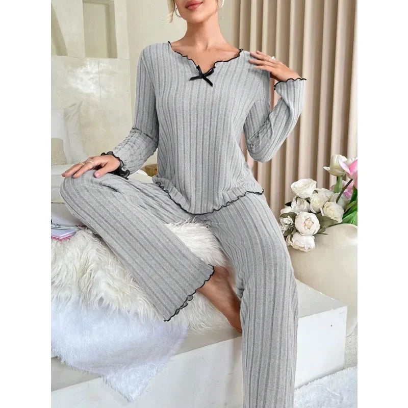 Women’s Autumn Winter Ribbed Pajama Set – Long Sleeve Top & Pants