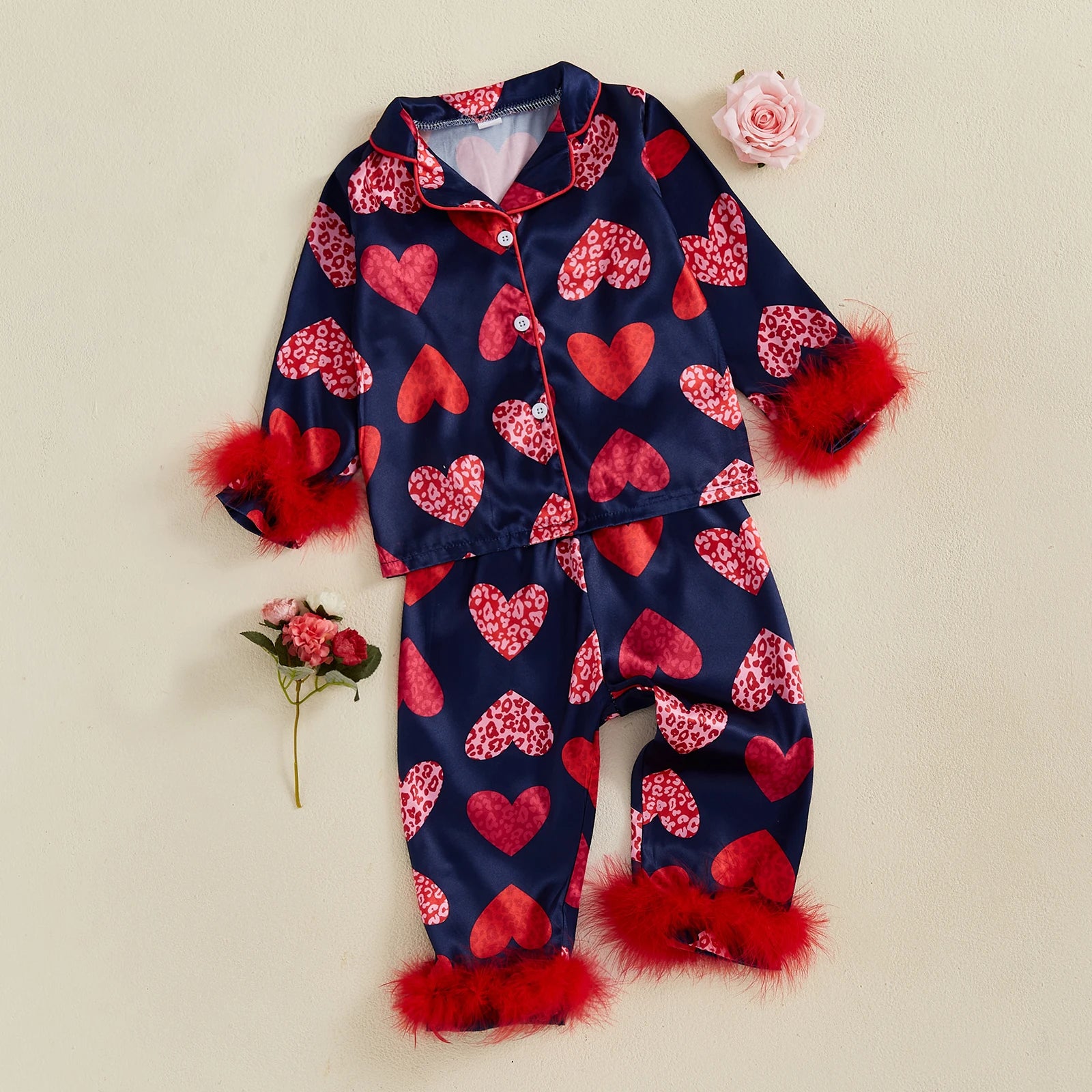 Kids Valentine's Pajama Set, Heart Print Long Sleeve Shirt & Pants with Feather Trim